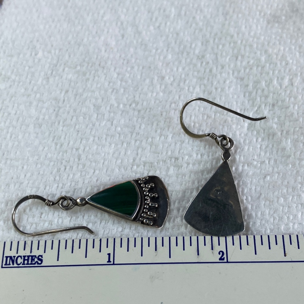 Vintage Silver and Malachite Teardrop Dangle Earrings - Picture 5 of 7